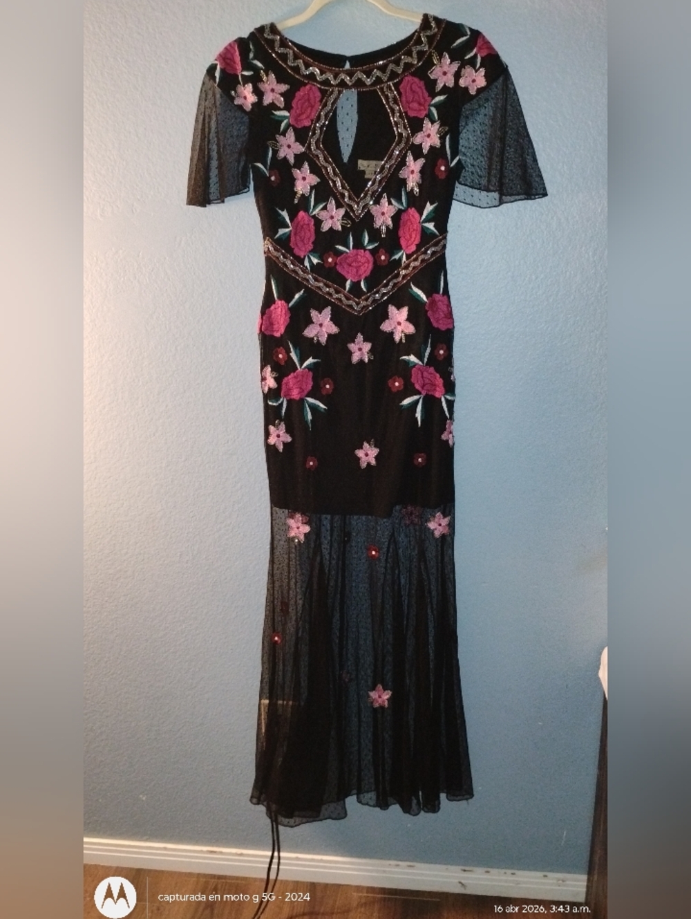 Black Mesh Maxi Dress with Pink Floral Embroidery